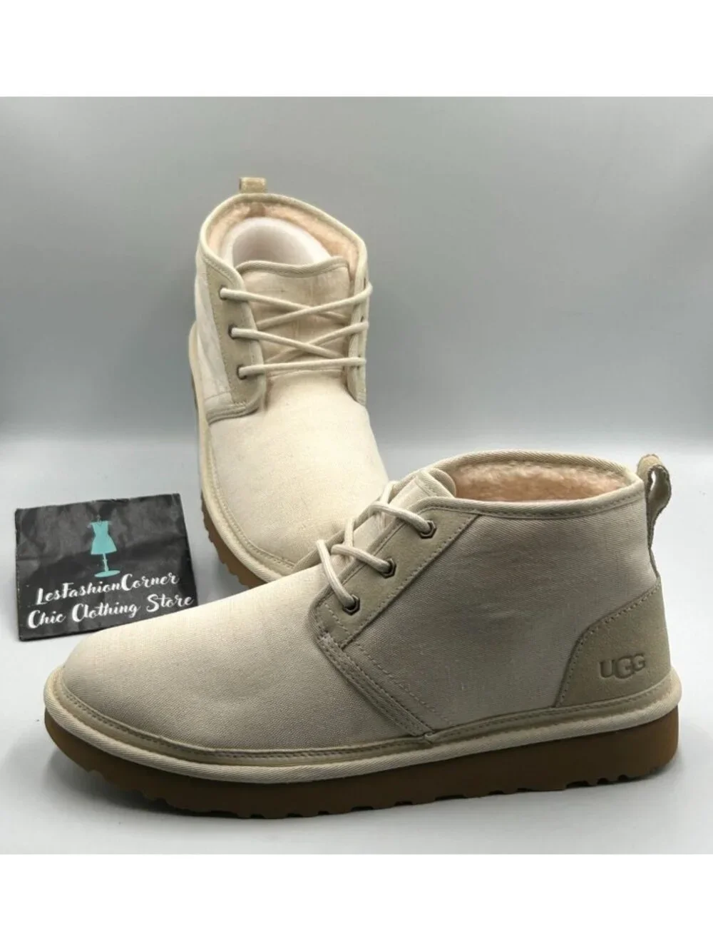 NWOB UGG Mens Beige Canvas Neumel II Wool Lined Lace-Up Chukka Boots Sz 12 3434
